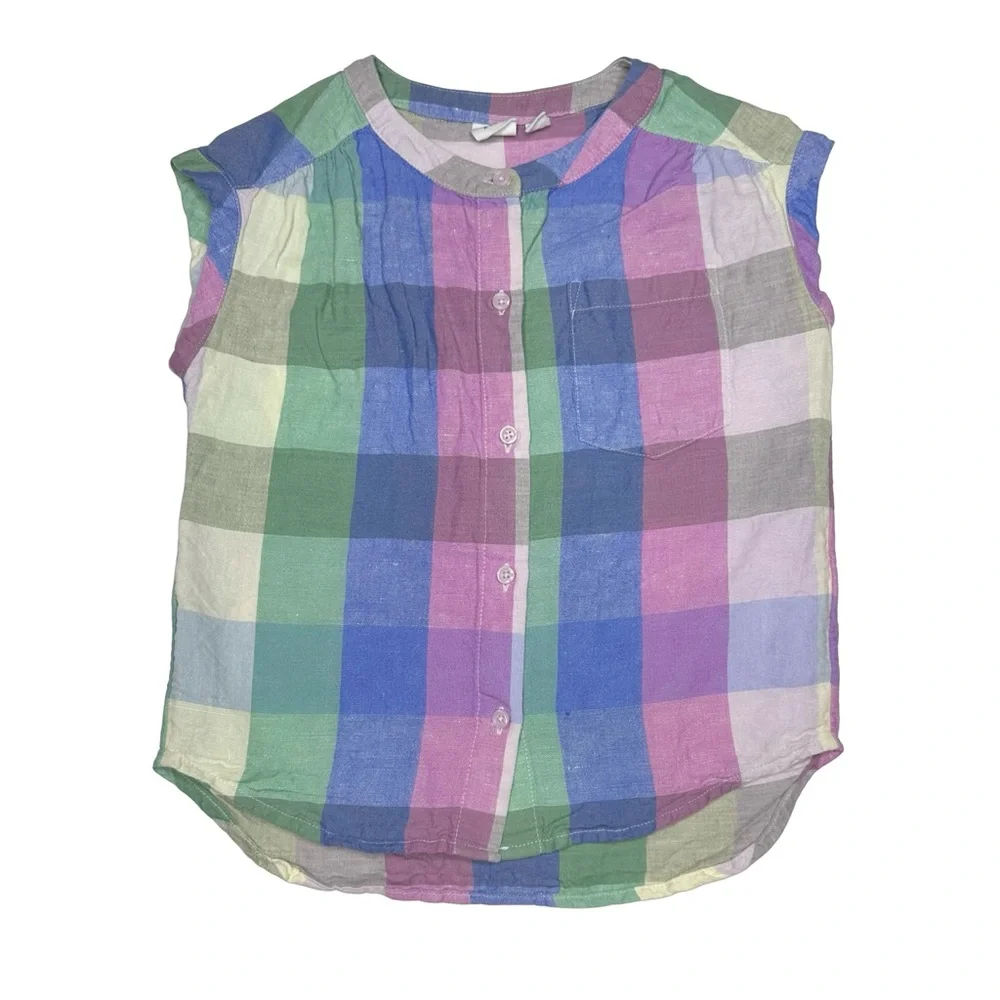 Gap Linen Blend Plaid Button Up Top